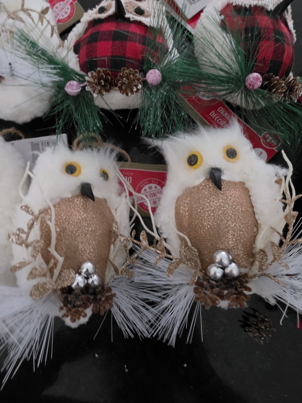 Holiday Decorative Owl Ornaments - White, Gold & Red Plaid - - Picture 4 of 6